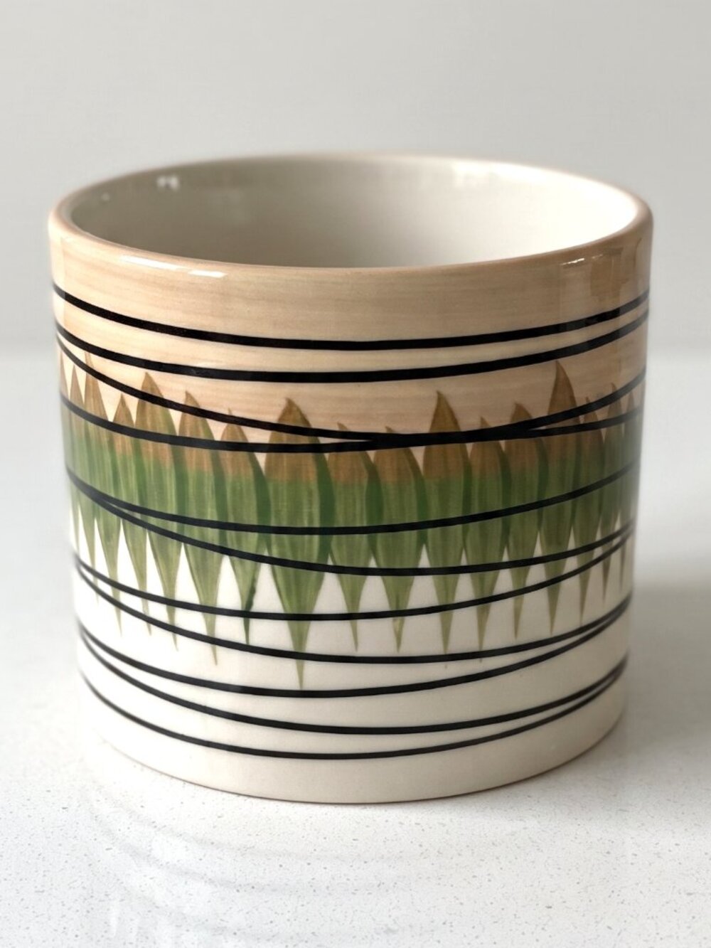 Vintage Ceramic Planter Pot Green Black Geometric Striped Boho Cachepot 5.75”